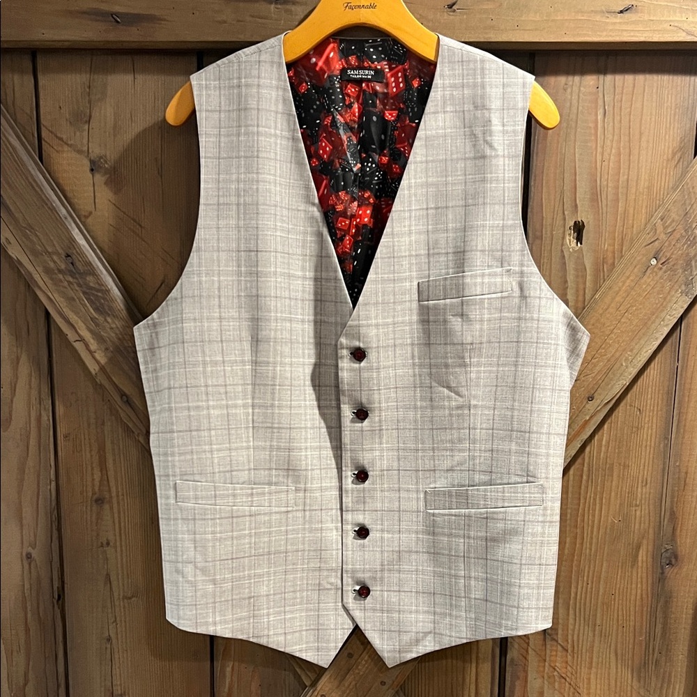 Sam Surin Bespoke Tailors Gray plaid Suit Vest Pockets Roll The Dice Lined